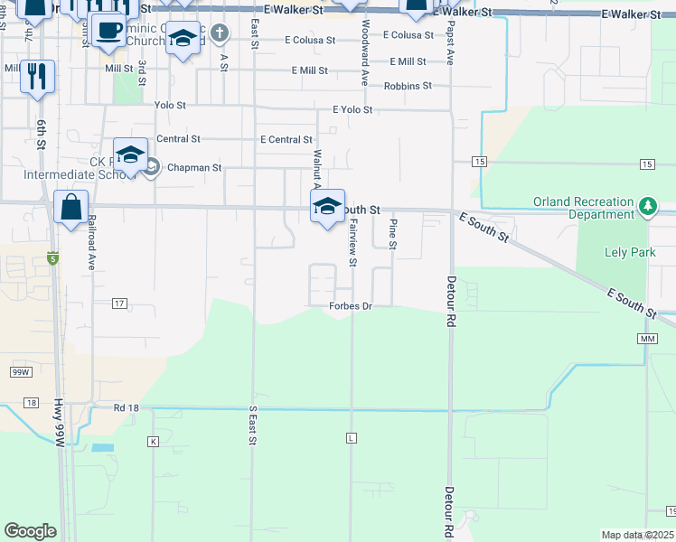map of restaurants, bars, coffee shops, grocery stores, and more near 1346 Edith Circle in Orland