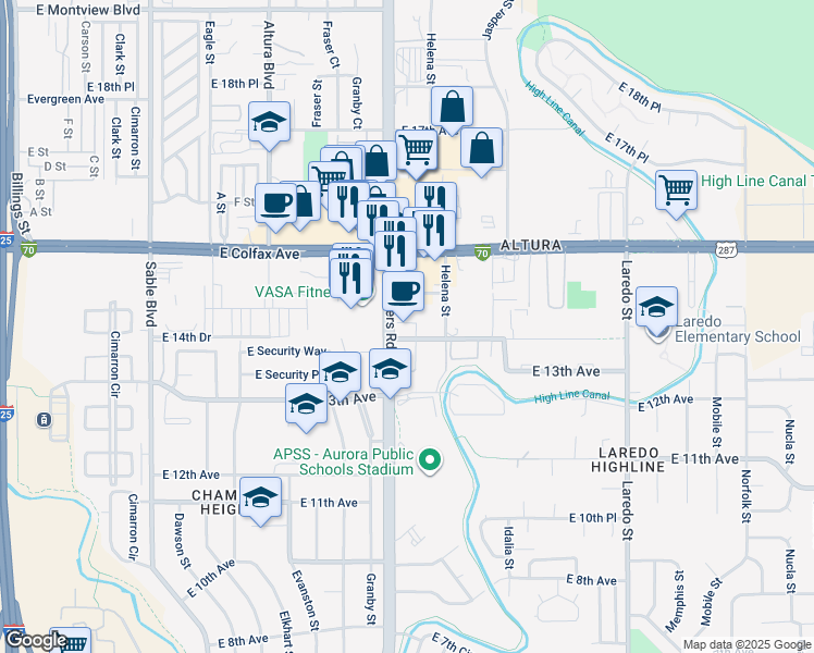 map of restaurants, bars, coffee shops, grocery stores, and more near 1390 Chambers Road in Aurora