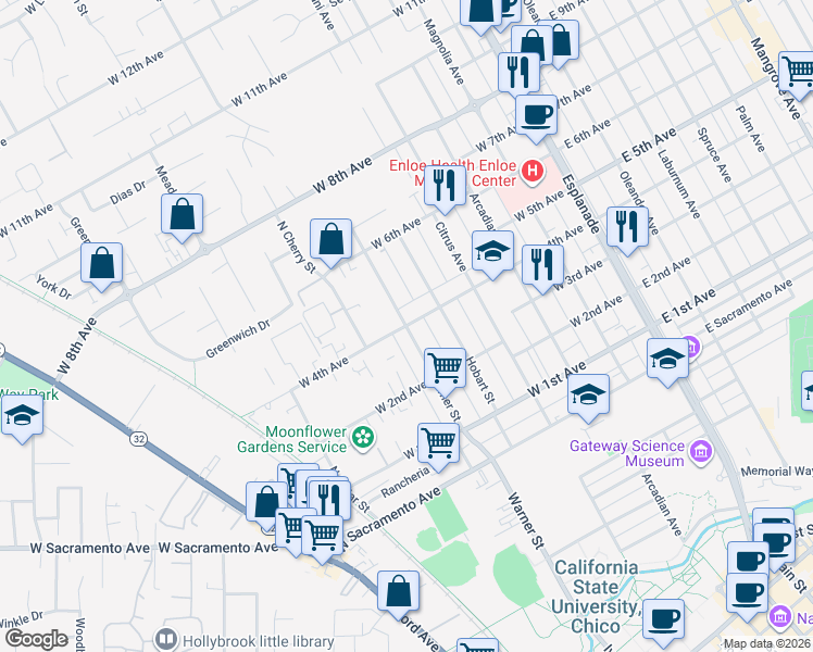 map of restaurants, bars, coffee shops, grocery stores, and more near Warner Street & West 4th Avenue in Chico