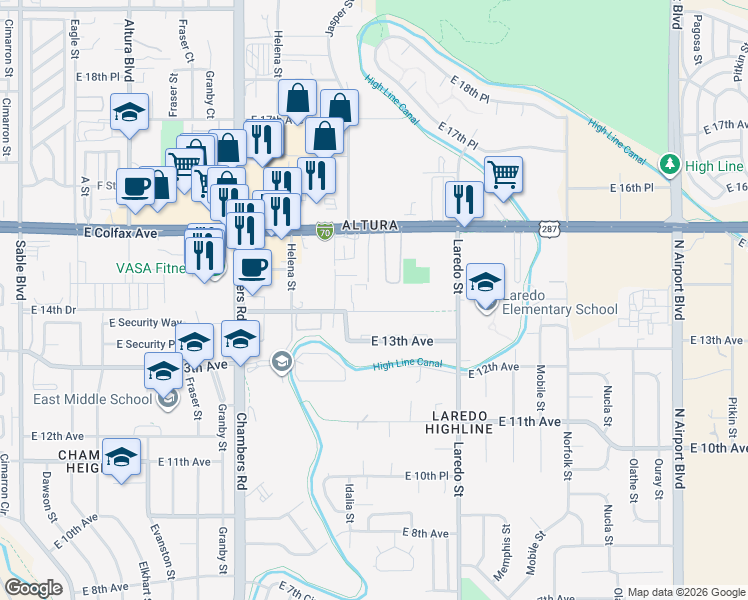 map of restaurants, bars, coffee shops, grocery stores, and more near 15899 East 13th Place in Aurora