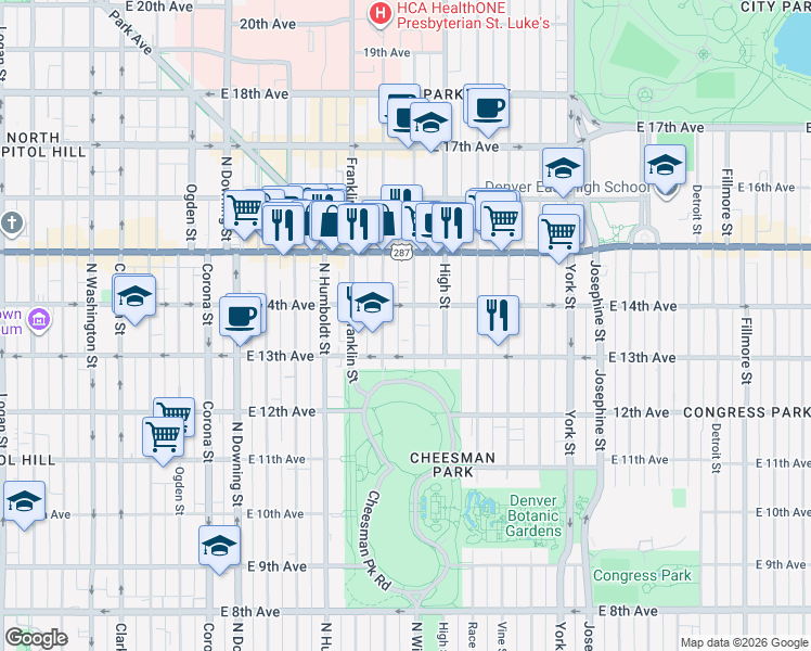 map of restaurants, bars, coffee shops, grocery stores, and more near 1368 Gilpin Street in Denver