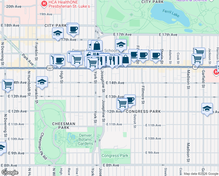map of restaurants, bars, coffee shops, grocery stores, and more near 1369 Columbine Street in Denver