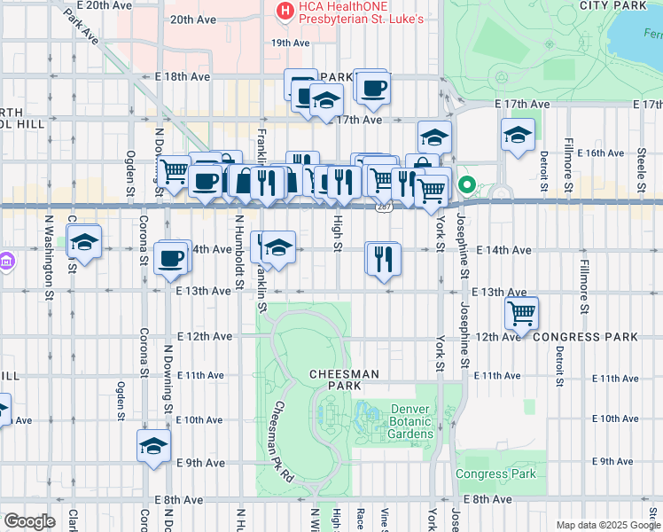 map of restaurants, bars, coffee shops, grocery stores, and more near 1368 North Williams Street in Denver