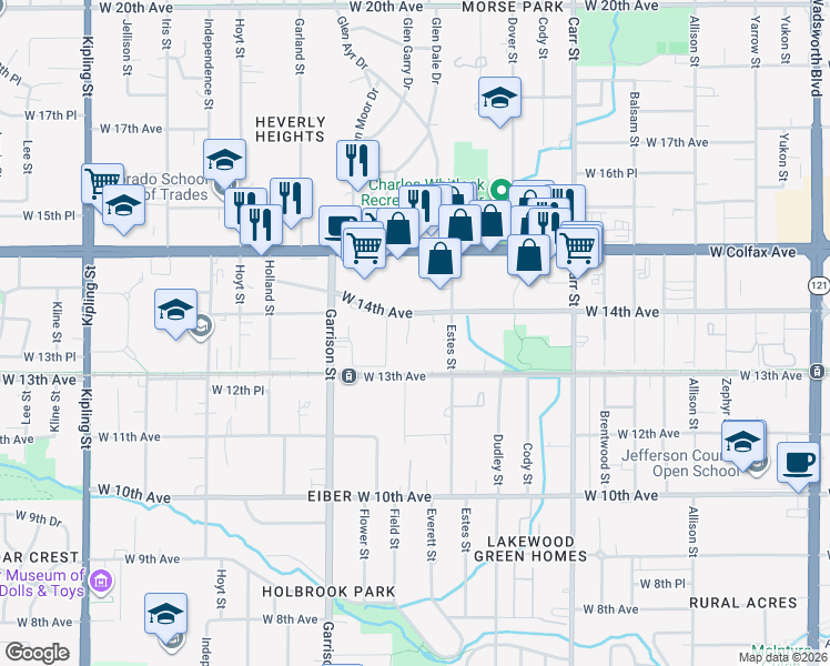 map of restaurants, bars, coffee shops, grocery stores, and more near 1375 Everett Court in Lakewood