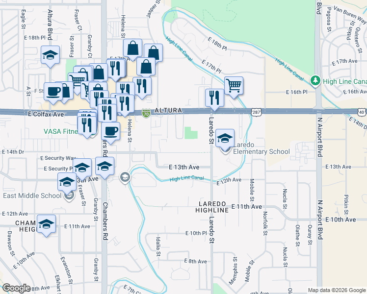 map of restaurants, bars, coffee shops, grocery stores, and more near 15899 East 13th Place in Aurora