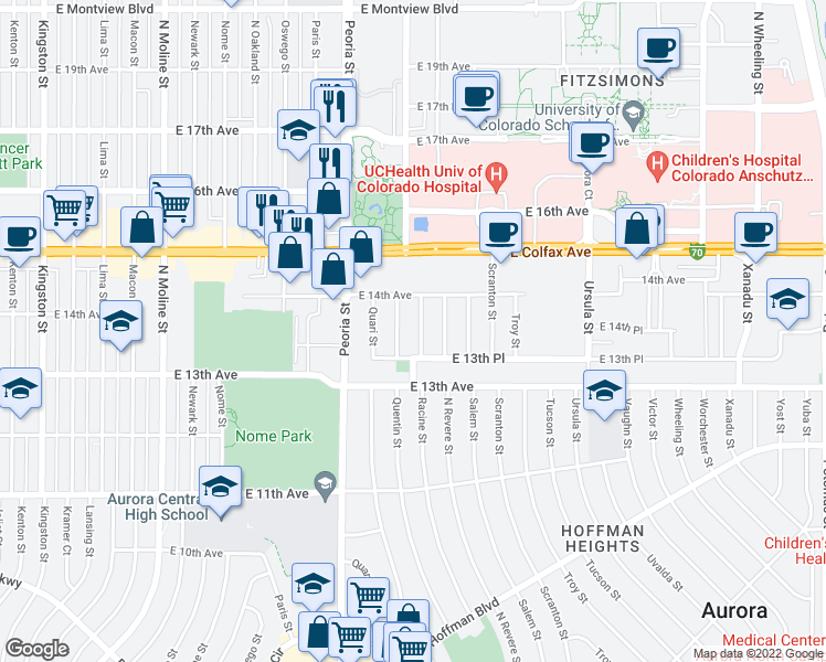 map of restaurants, bars, coffee shops, grocery stores, and more near 1360 Racine Street in Aurora