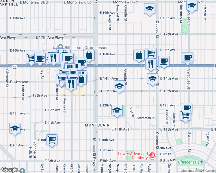 map of restaurants, bars, coffee shops, grocery stores, and more near 1338 Magnolia Street in Denver