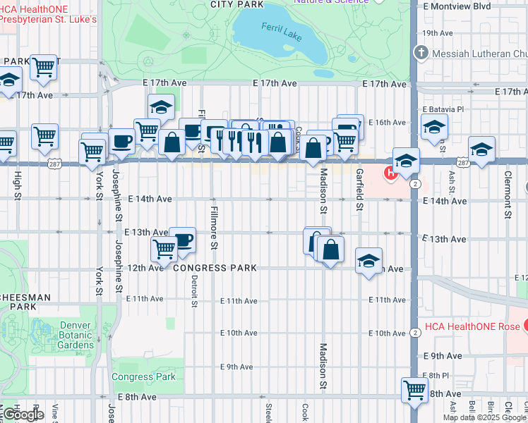 map of restaurants, bars, coffee shops, grocery stores, and more near 1362 Saint Paul Street in Denver