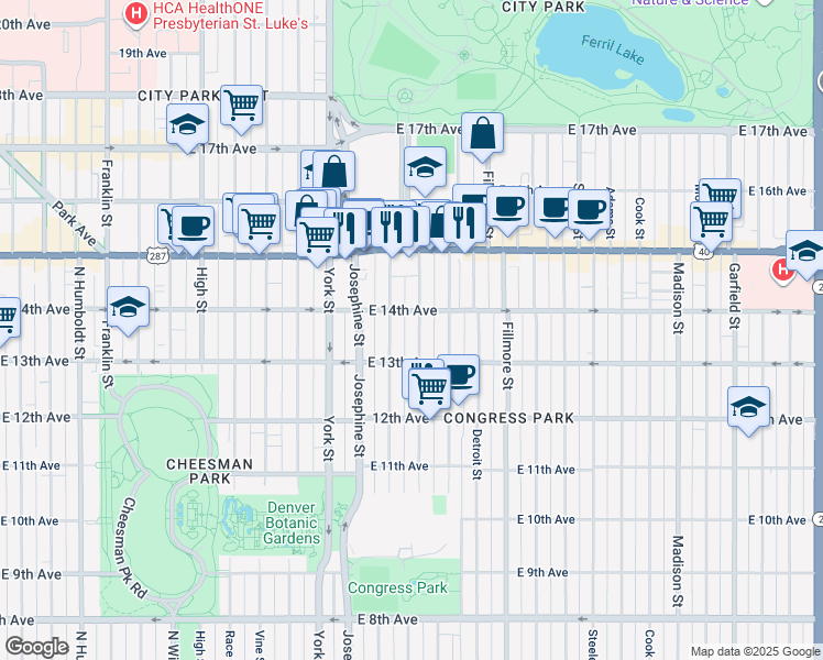 map of restaurants, bars, coffee shops, grocery stores, and more near 1365 Elizabeth Street in Denver