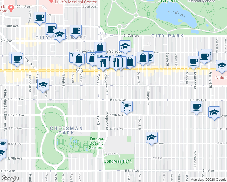 map of restaurants, bars, coffee shops, grocery stores, and more near 1369 Columbine Street in Denver