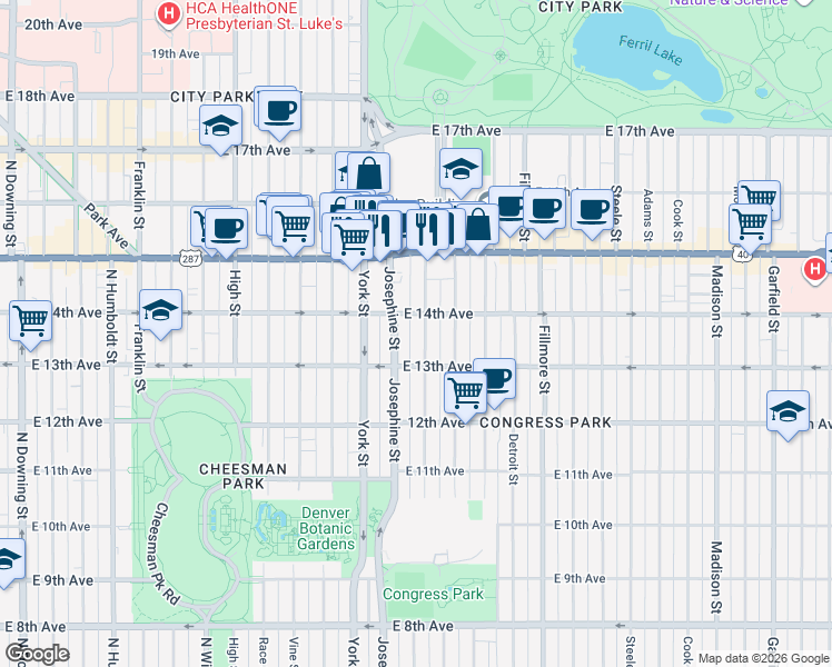 map of restaurants, bars, coffee shops, grocery stores, and more near 1369 Columbine Street in Denver