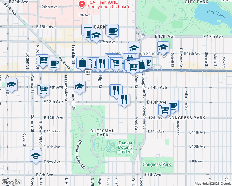 map of restaurants, bars, coffee shops, grocery stores, and more near in Denver