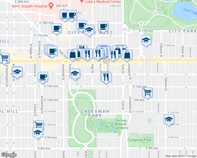 map of restaurants, bars, coffee shops, grocery stores, and more near 1922 East 14th Avenue in Denver