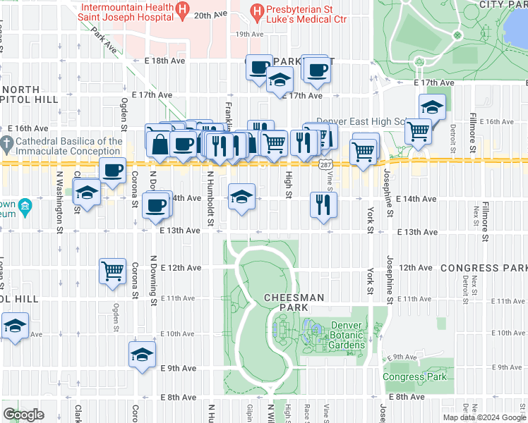 map of restaurants, bars, coffee shops, grocery stores, and more near 1368 Gilpin Street in Denver