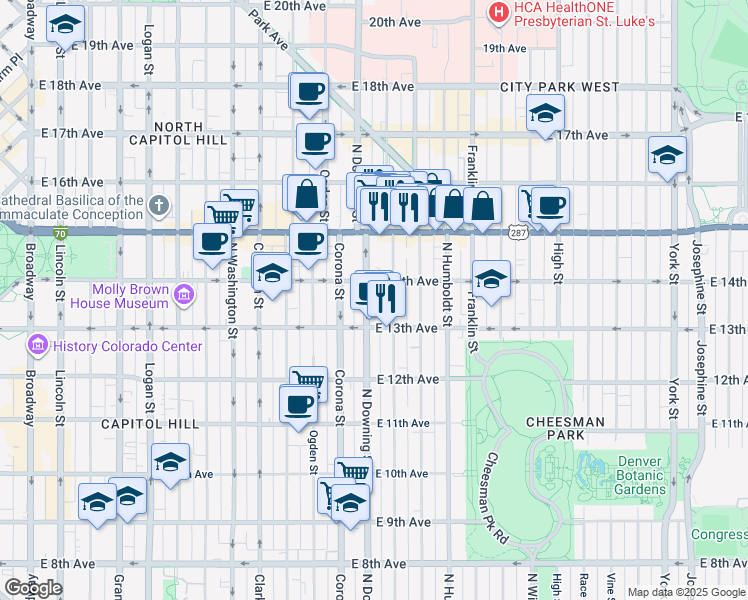 map of restaurants, bars, coffee shops, grocery stores, and more near 1356 North Downing Street in Denver