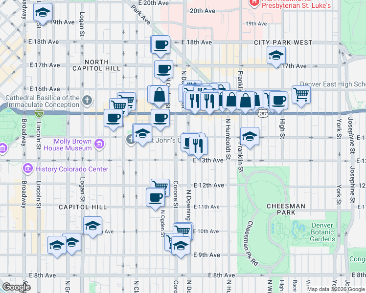 map of restaurants, bars, coffee shops, grocery stores, and more near 1356 North Downing Street in Denver