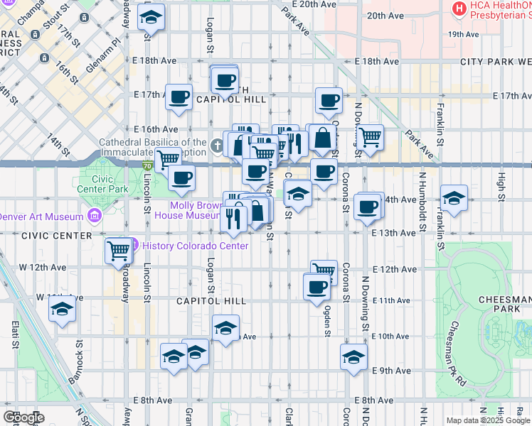 map of restaurants, bars, coffee shops, grocery stores, and more near 1365 North Washington Street in Denver