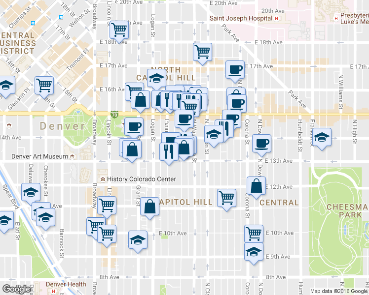 map of restaurants, bars, coffee shops, grocery stores, and more near 1365 North Washington Street in Denver