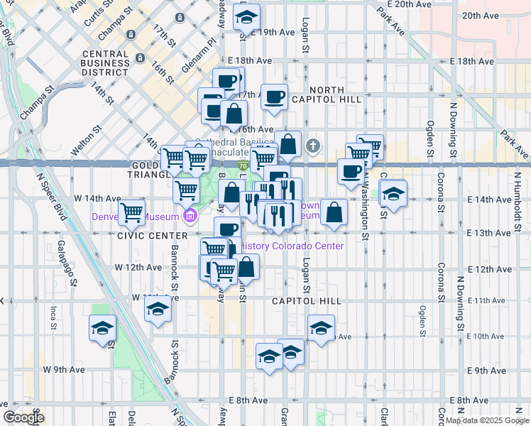 map of restaurants, bars, coffee shops, grocery stores, and more near 1357 Sherman Street in Denver