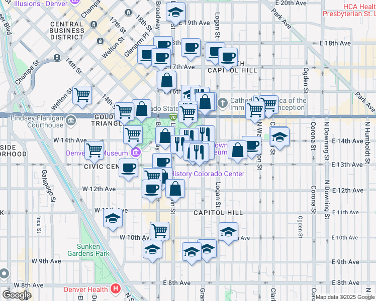 map of restaurants, bars, coffee shops, grocery stores, and more near 1357 Sherman Street in Denver