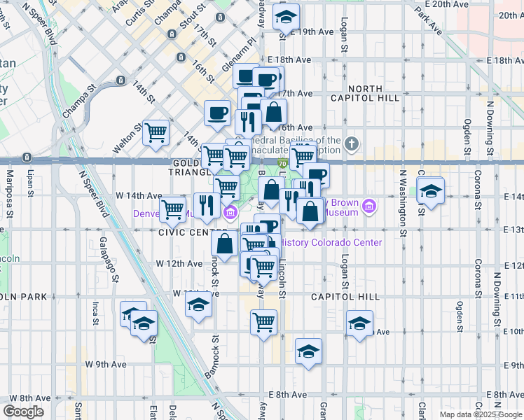 map of restaurants, bars, coffee shops, grocery stores, and more near 32 West 14th Avenue in Denver