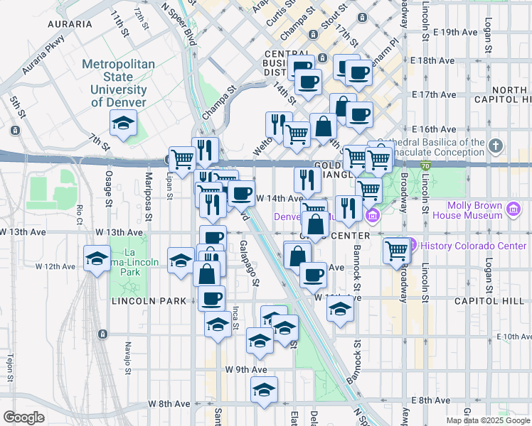 map of restaurants, bars, coffee shops, grocery stores, and more near 1357 Fox Street in Denver