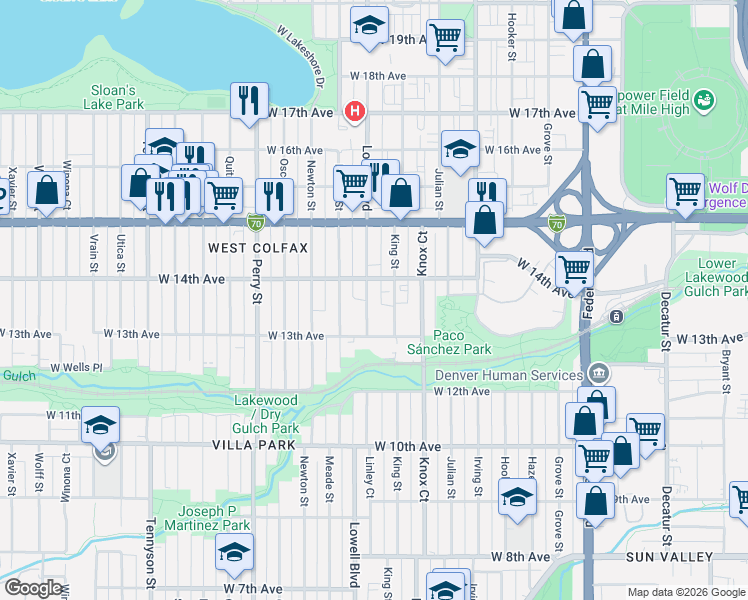 map of restaurants, bars, coffee shops, grocery stores, and more near in Denver