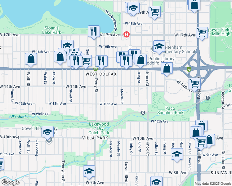 map of restaurants, bars, coffee shops, grocery stores, and more near 1375 Meade Street in Denver