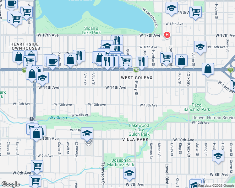 map of restaurants, bars, coffee shops, grocery stores, and more near 1375 North Raleigh Street in Denver