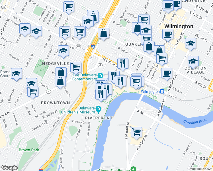 map of restaurants, bars, coffee shops, grocery stores, and more near 123 West Street in Wilmington