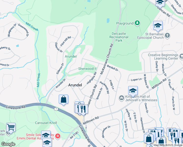 map of restaurants, bars, coffee shops, grocery stores, and more near 1105 Highgate Road in Wilmington