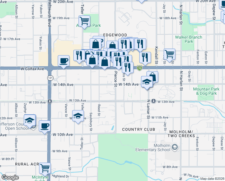 map of restaurants, bars, coffee shops, grocery stores, and more near 1363 Pierce Street in Lakewood