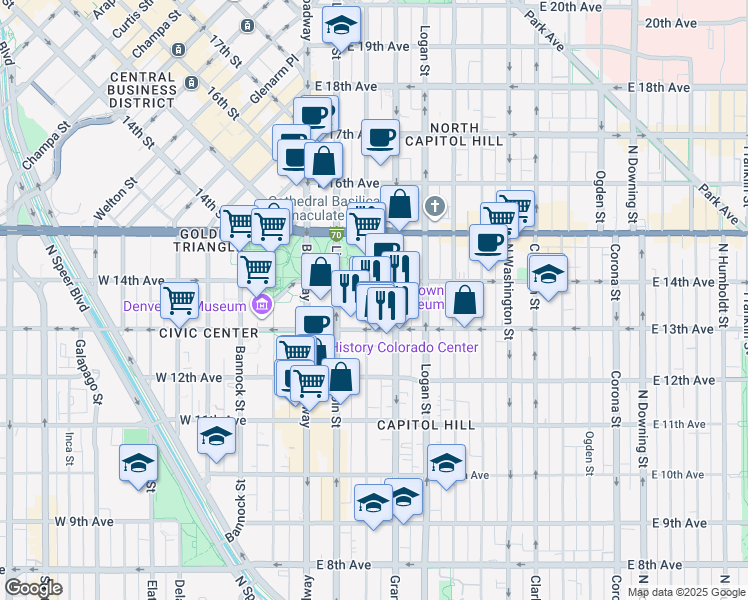 map of restaurants, bars, coffee shops, grocery stores, and more near 1375 Sherman Street in Denver
