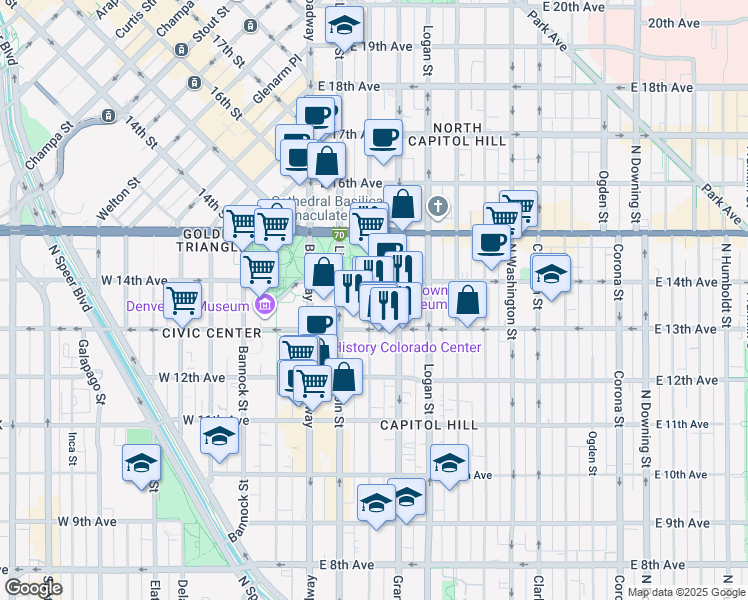 map of restaurants, bars, coffee shops, grocery stores, and more near 1350 Sherman Street in Denver