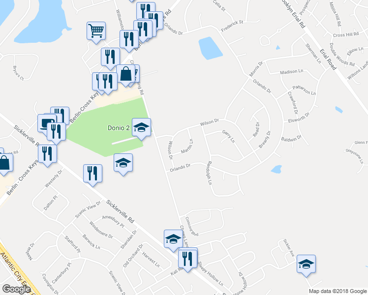 map of restaurants, bars, coffee shops, grocery stores, and more near 7 Martin Lane in Winslow Township