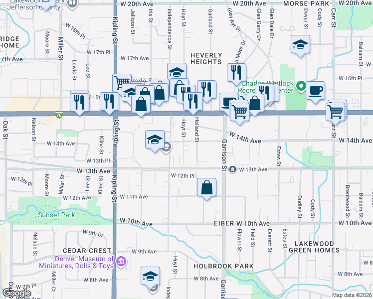 map of restaurants, bars, coffee shops, grocery stores, and more near 1390 Hoyt Street in Lakewood