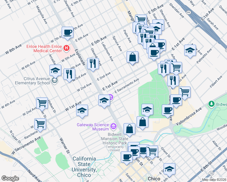 map of restaurants, bars, coffee shops, grocery stores, and more near 252 East Sacramento Avenue in Chico