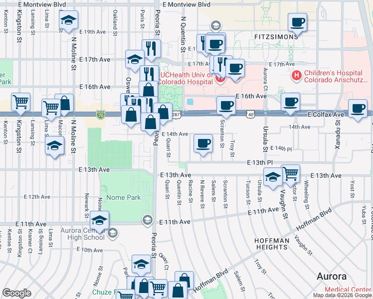 map of restaurants, bars, coffee shops, grocery stores, and more near 1360 Racine Street in Aurora
