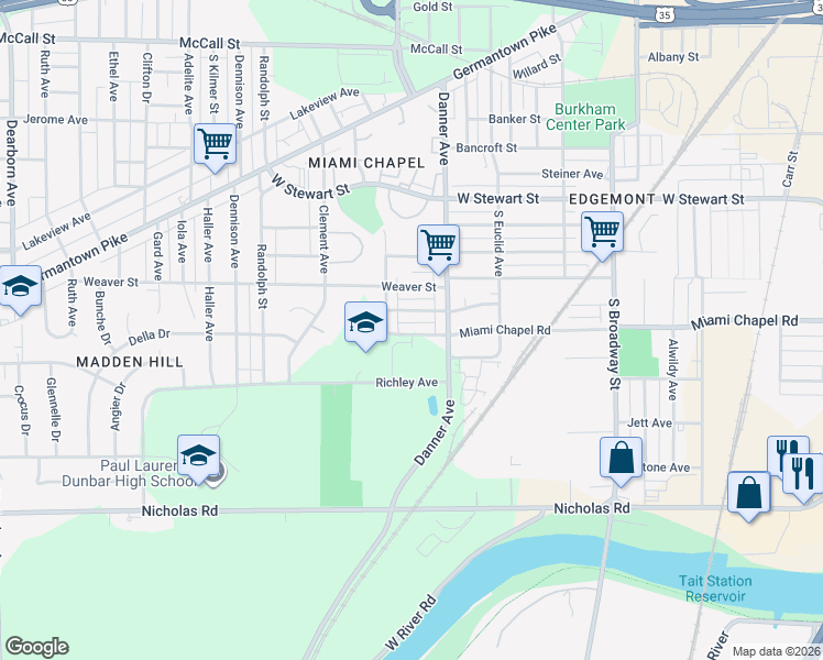 map of restaurants, bars, coffee shops, grocery stores, and more near 1647 Miami Chapel Road in Dayton