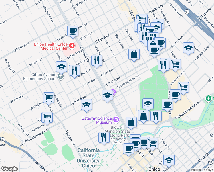 map of restaurants, bars, coffee shops, grocery stores, and more near 1050 Esplanade in Chico