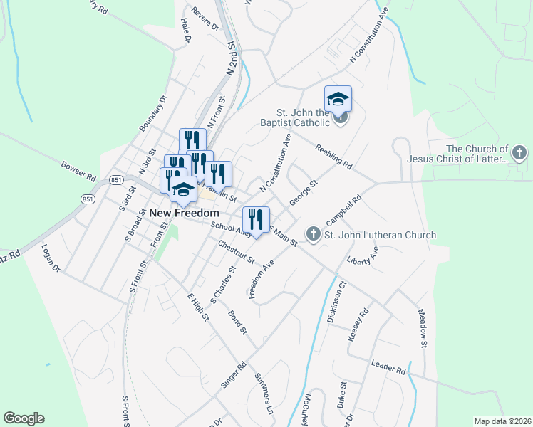 map of restaurants, bars, coffee shops, grocery stores, and more near 127 East Main Street in New Freedom