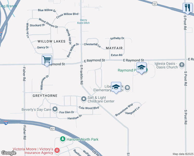 map of restaurants, bars, coffee shops, grocery stores, and more near 2303 Layton Park Drive in Indianapolis