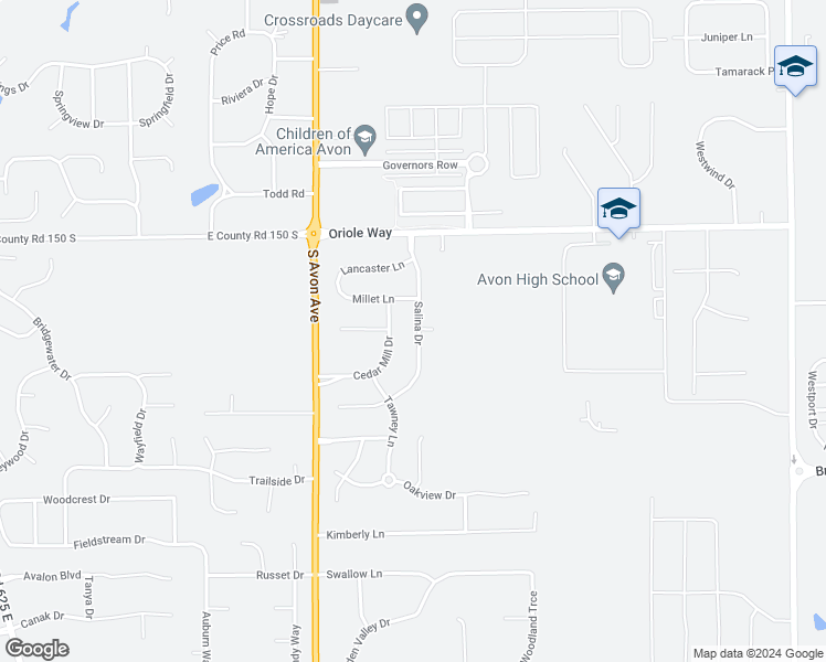map of restaurants, bars, coffee shops, grocery stores, and more near 1698 Salina Drive in Avon
