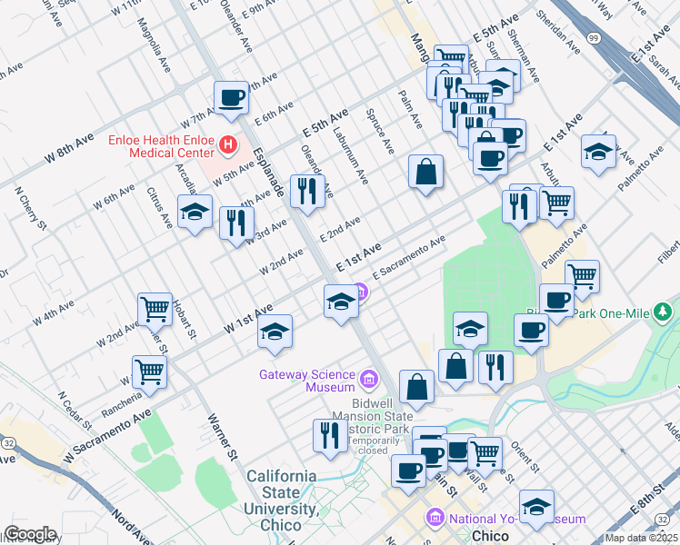 map of restaurants, bars, coffee shops, grocery stores, and more near 1050 Esplanade in Chico