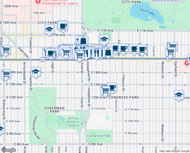 map of restaurants, bars, coffee shops, grocery stores, and more near 1365 Columbine Street in Denver