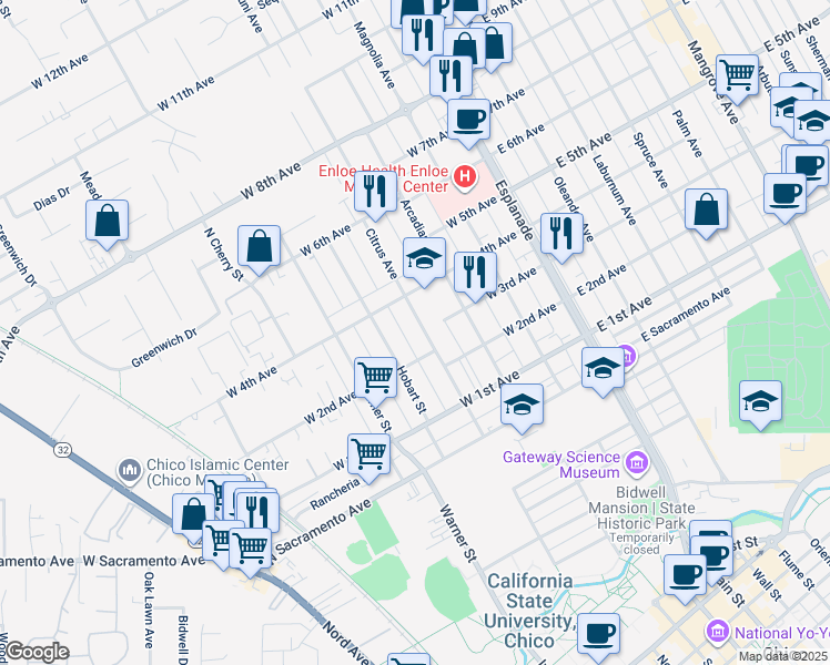 map of restaurants, bars, coffee shops, grocery stores, and more near 1237 Citrus Avenue in Chico