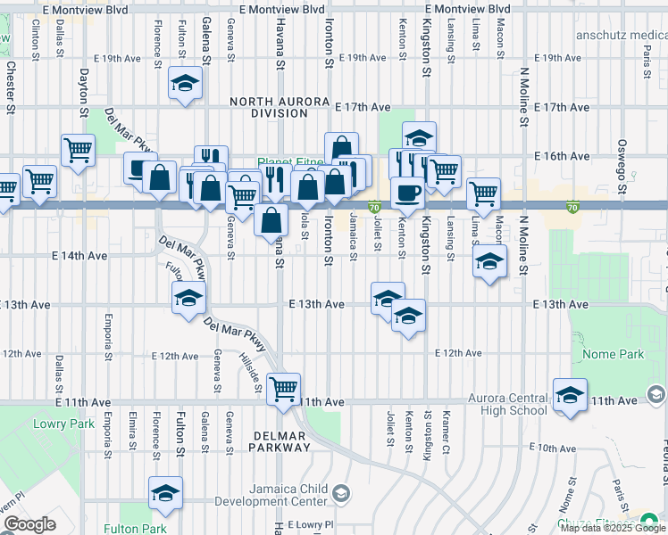map of restaurants, bars, coffee shops, grocery stores, and more near 1374 Ironton Street in Aurora