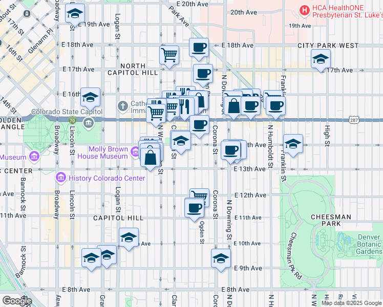 map of restaurants, bars, coffee shops, grocery stores, and more near 1358 Emerson Street in Denver