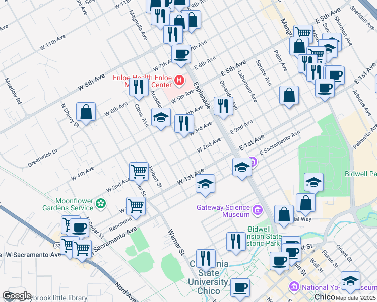 map of restaurants, bars, coffee shops, grocery stores, and more near 234 West 2nd Avenue in Chico