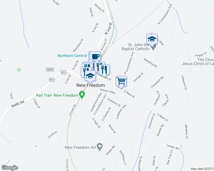 map of restaurants, bars, coffee shops, grocery stores, and more near 37 East Main Street in New Freedom